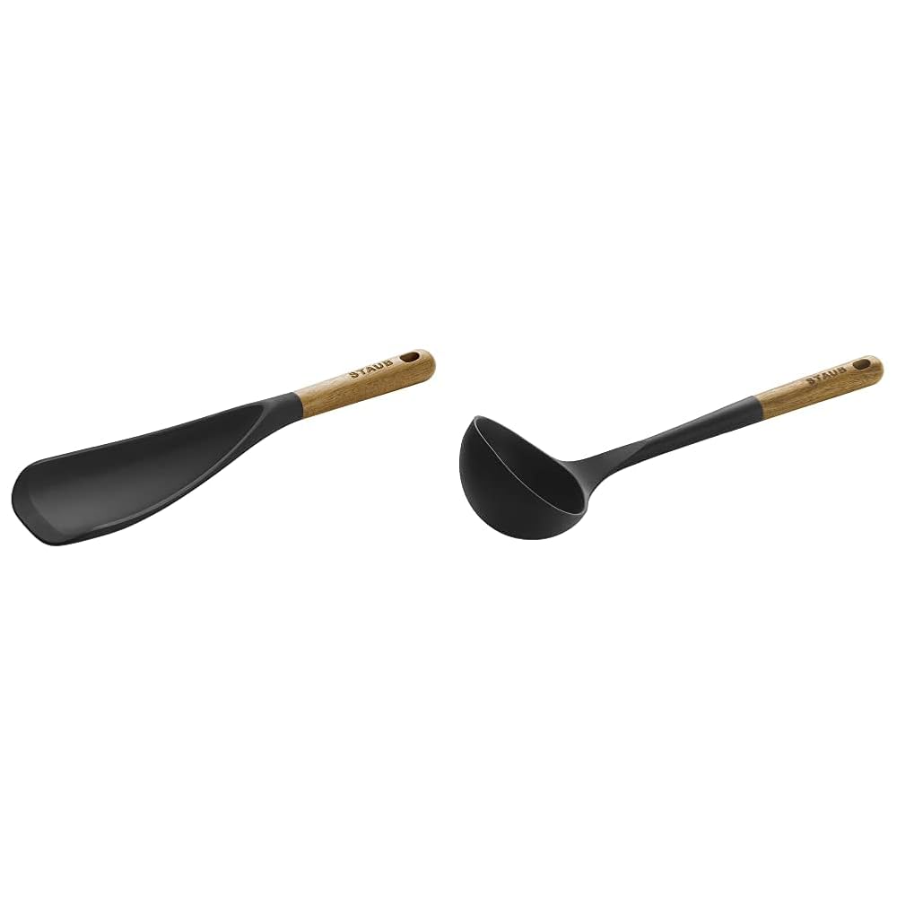 STAUB Multifunction Spatula Spoon, Great for Both Cooking and Serving Durable BPA-Free Matte Black Silicone & Soup Ladle, Perfect for Serving Hot Soup, Portion Batter for Pancakes, and Sauce Pasta