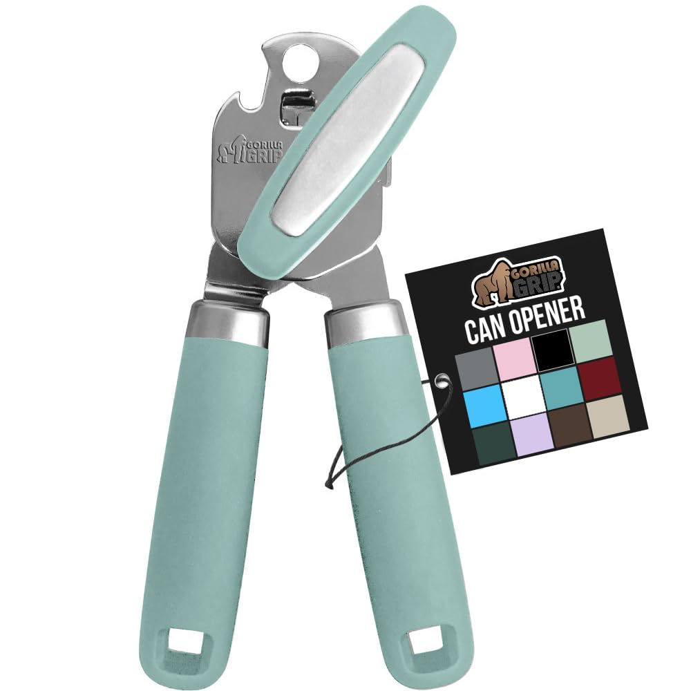 GORILLA GRIP Heavy Duty Stainless Steel Smooth Edge Manual Can Opener and Bottle Openers, Soft Comfortable Handle, Oversized Handheld Turn Knob, US Designed Multifunctional Kitchen Tool, Mint