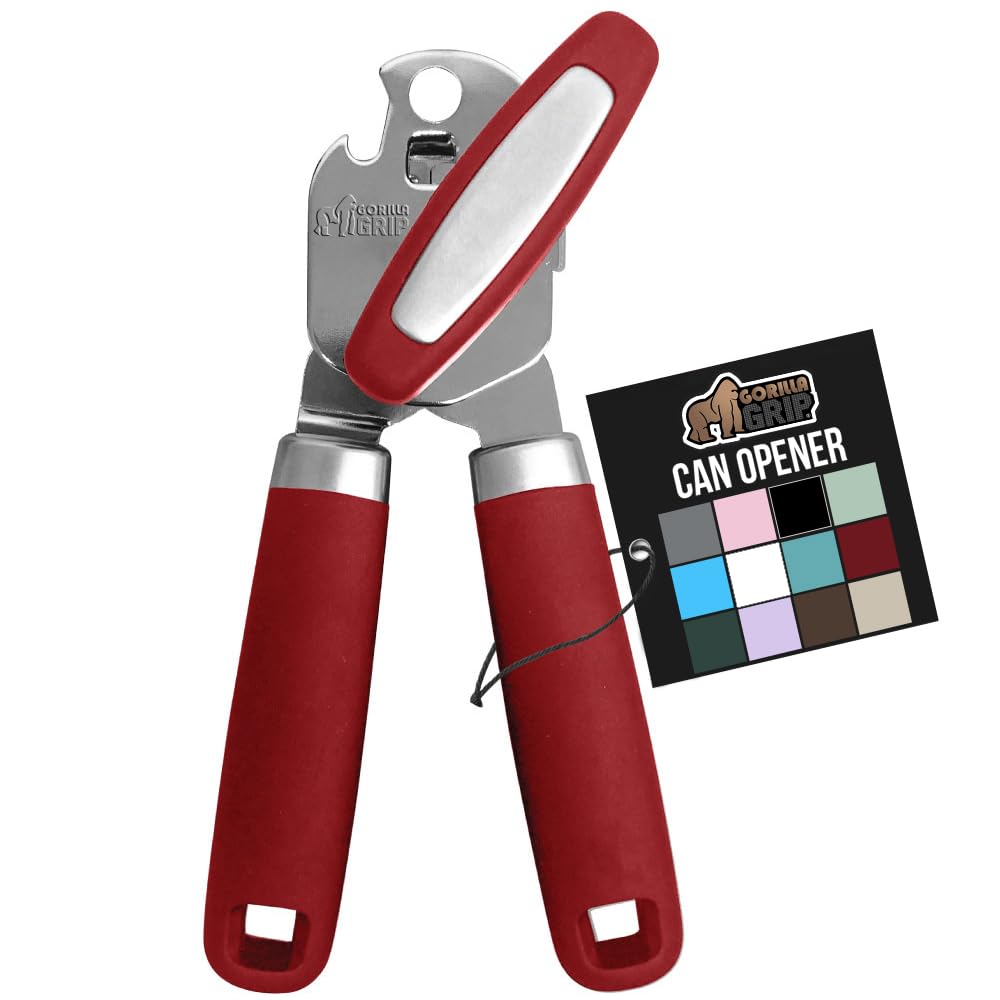 GORILLA GRIP Heavy Duty Stainless Steel Smooth Edge Manual Can Opener and Bottle Openers, Soft Comfortable Handle, Oversized Handheld Turn Knob, US Designed Multifunctional Kitchen Tool, Red