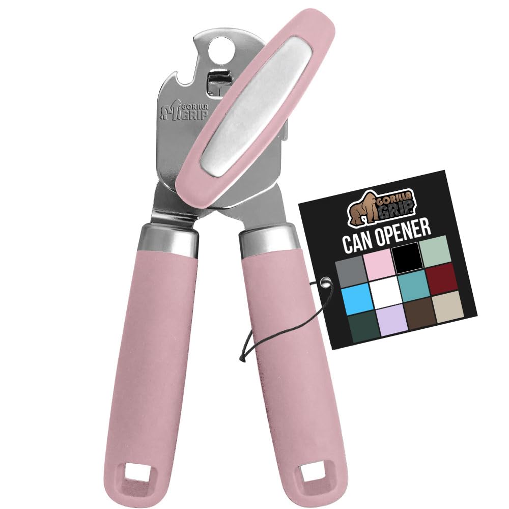 GORILLA GRIP Heavy Duty Stainless Steel Smooth Edge Manual Can Opener and Bottle Openers, Soft Comfortable Handle, Oversized Handheld Turn Knob, US Designed Multifunctional Kitchen Tool, Pink