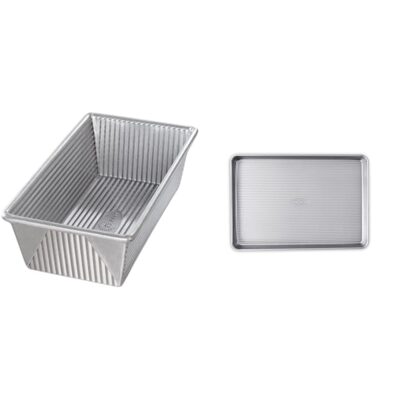USA Pan Bakeware Aluminized Steel Loaf Pan and Half Sheet Pan Bundle, 1.25 Lb and 17 1/4 x 12 1/4 x 1 Inch