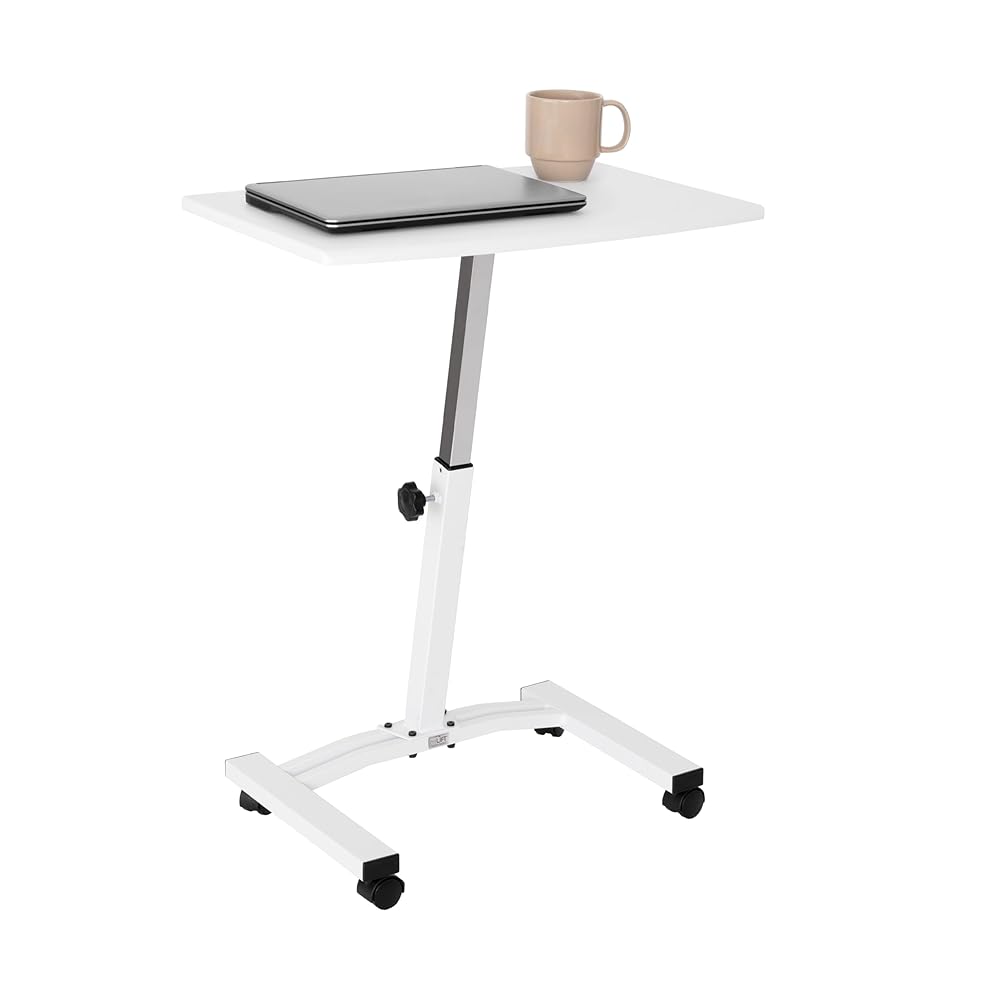 Seville Classics Airlift Mobile Height Adjustable Laptop Stand Computer Workstation for Sitting Classroom Home Office Medical Table w/Wheels, Flat Desk 24", White