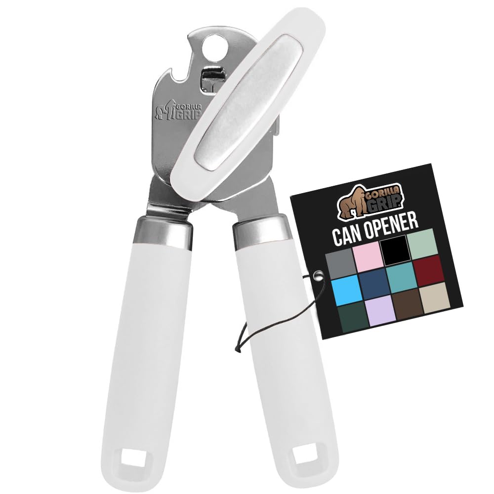 GORILLA GRIP Heavy Duty Stainless Steel Smooth Edge Manual Can Opener and Bottle Openers, Soft Comfortable Handle, Oversized Handheld Turn Knob, US Designed Multifunctional Kitchen Tool, White