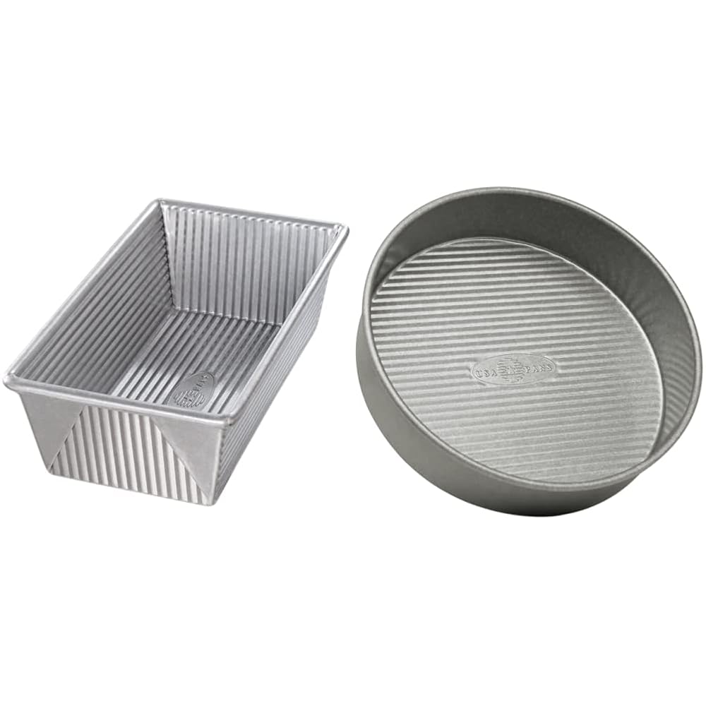 USA Pan 1145LF Bakeware Aluminized Steel 1.25 Lb Loaf Pan, Medium, Silver & Bakeware Round Cake Pan, 9 inch, Nonstick & Quick Release Coating, 9-Inch,Aluminized Steel