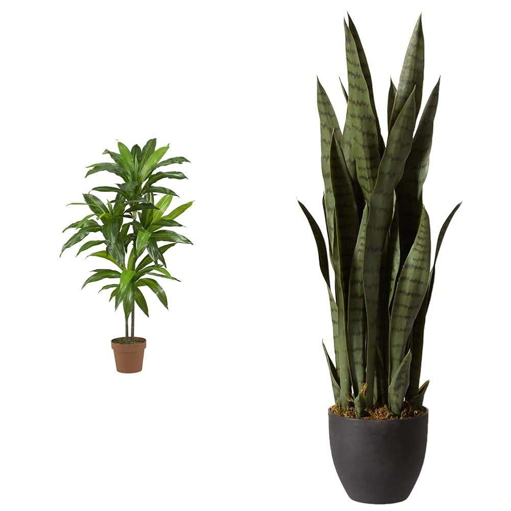 Nearly Natural 43in. Dracaena Silk (Real Touch) Artificial Plant, Green & Green 4855 35in. Sansevieria with Black Planter
