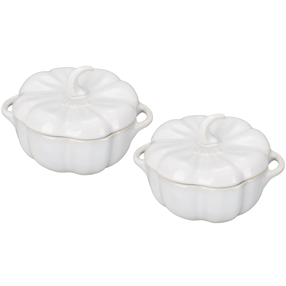 Staub Ceramic 2-pc 16-oz Petite Pumpkin Cocotte Set - Rustic Ivory