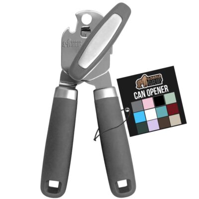 GORILLA GRIP Heavy Duty Stainless Steel Smooth Edge Manual Can Opener and Bottle Openers, Soft Comfortable Handle, Oversized Handheld Turn Knob, US Designed Multifunctional Kitchen Tool, Gray