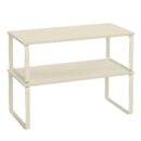 SONGMICS Cabinet Organizer Shelf, Set of 2 Kitchen Counter Shelves, Kitchen Storage, Spice Rack, Stackable, Expandable, Metal and Engineered Wood, Cream White UKCS200W02