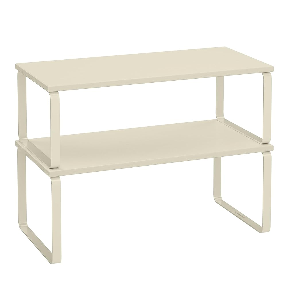 SONGMICS Cabinet Organizer Shelf, Set of 2 Kitchen Counter Shelves, Kitchen Storage, Spice Rack, Stackable, Expandable, Metal and Engineered Wood, Cream White UKCS200W02