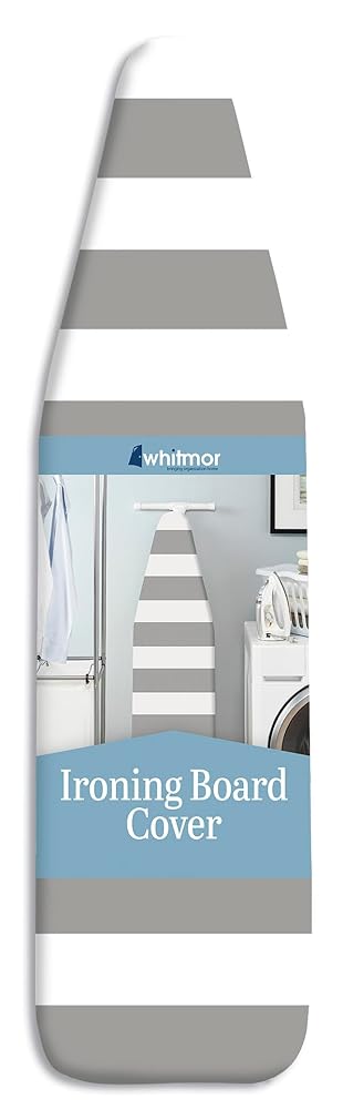 Whitmor Ironing Board Cover with Pad, Paloma Gray Stripe, Cotton, 54"L x 13"W x 0.25"H