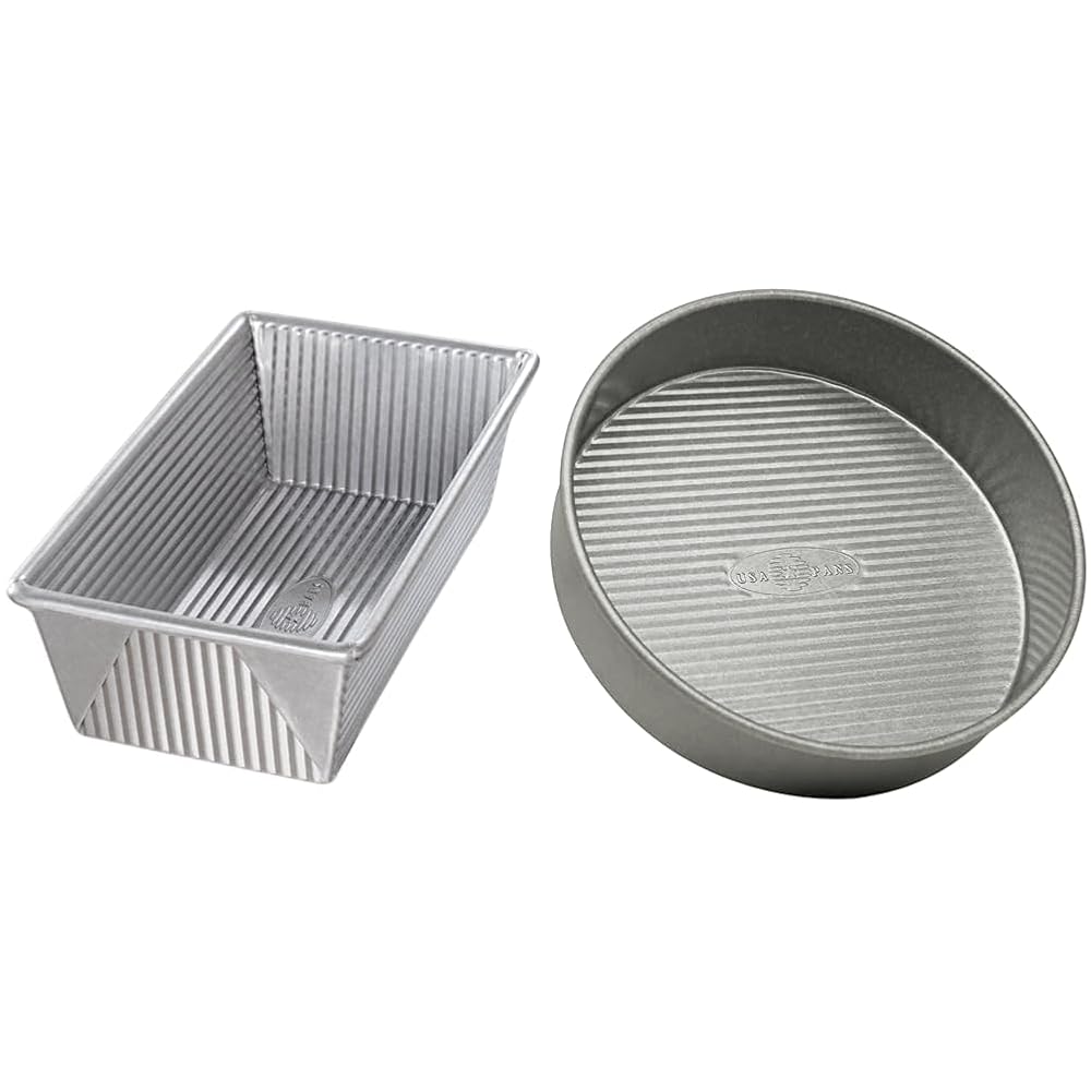 USA Pan Bakeware Aluminized Steel Loaf Pan, 1.5 Pound & Bakeware Round Cake Pan, 9 inch, Nonstick & Quick Release Coating, 9-Inch,Aluminized Steel