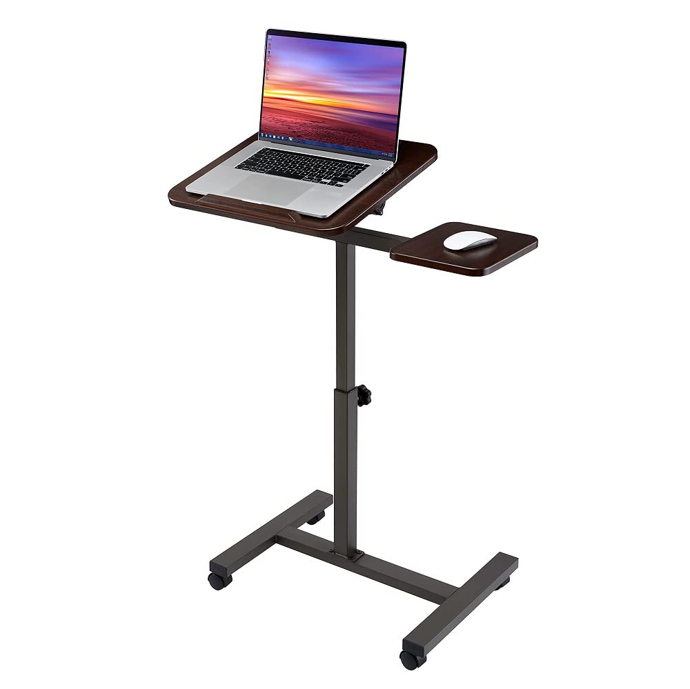 Seville Classics Solid-Top Height Adjustable Mobile Laptop Computer Desk Cart Ergonomic Home Office Stand Rolling Side Table, Tilt (28"), Walnut