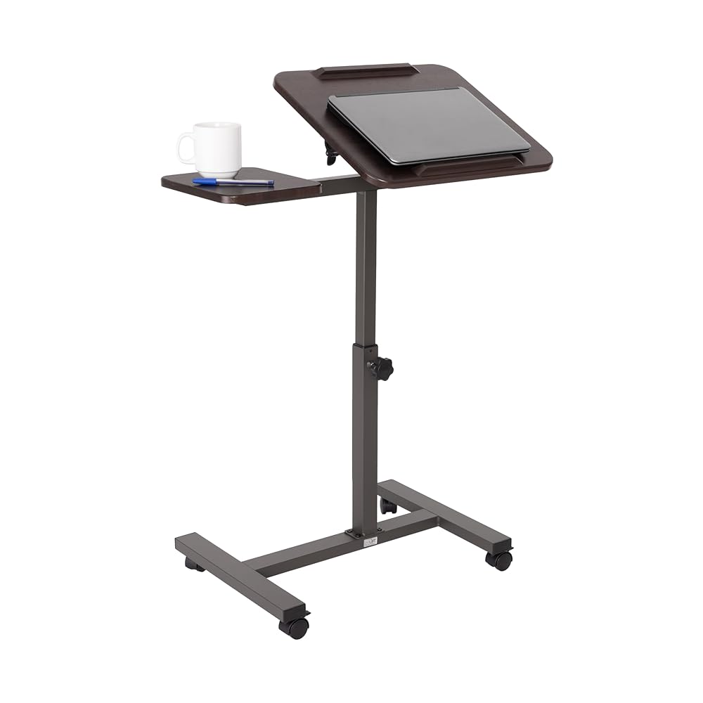 Seville Classics Airlift Height Adjustable Mobile Rolling Laptop Cart Computer Workstation Desk, Table for Home, Office, Classroom, Hospital, w/Wheels, Walnut, Tilt w/Side Table (28") (New Model)