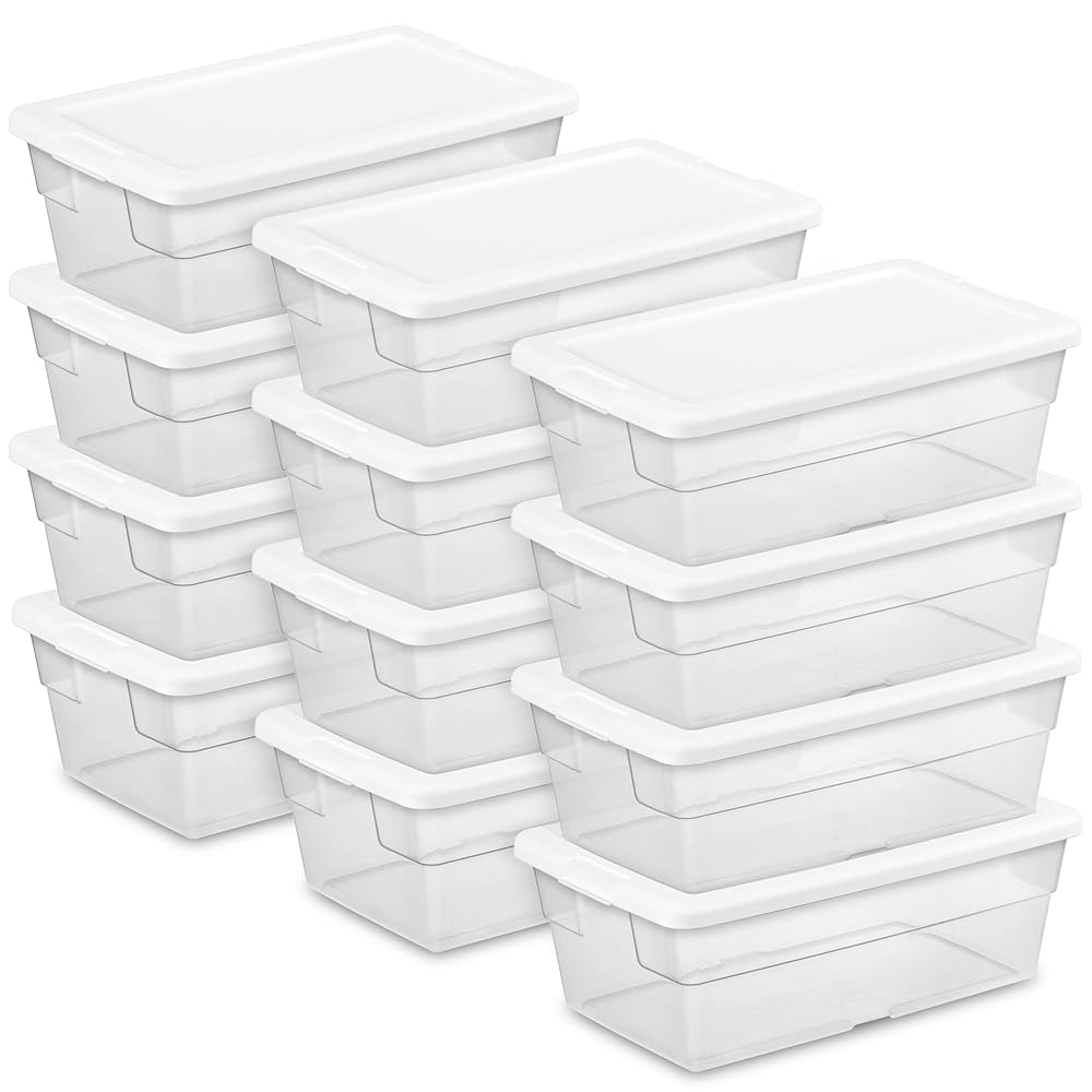 Sterilite 12 Pack Storage Box, 6 Quart Stackable Tote, Clear Plastic Container with Secure Snapping Lids for Home and Office Organization, White