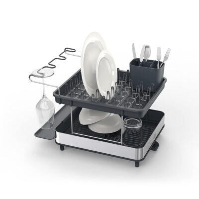 Joseph Joseph Dish Drying Rack with Wine Glass Holder - Space-Saving 2-Tier Design with Fast Draining System