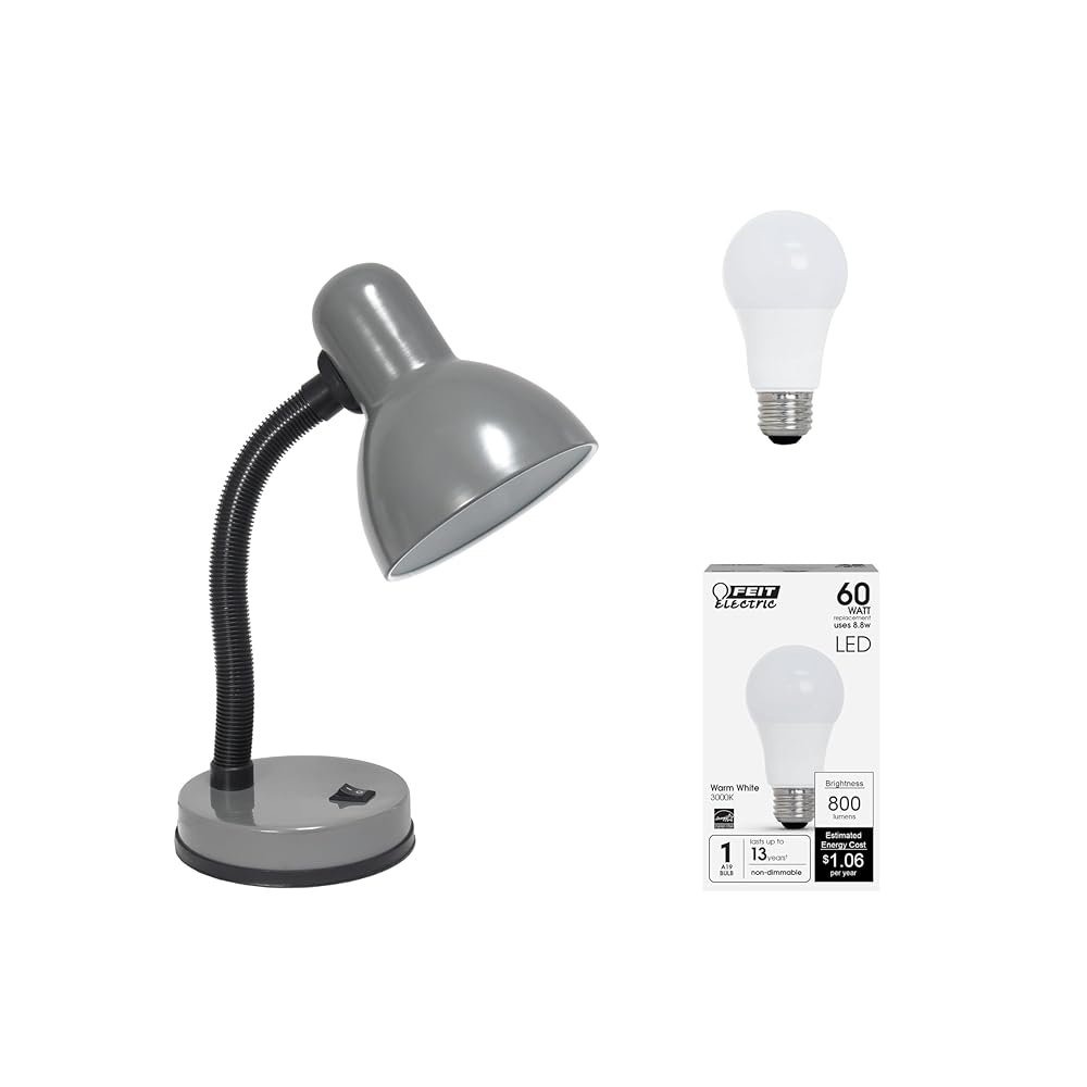 Simple Designs LD1003-GRY-LB 14.25" Basic Metal Desk Lamp with Flexible Hose Neck for Office, Living Room, Bedroom, College Dorm, Bookshelf, Silver, with Feit LED Bulb Included