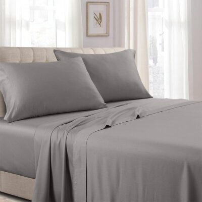Royal Hotel Bedding Low Profile Sheets Made in USA - 250-Thread-Count 4pc Full Bed Sheet Set 100% Cotton, Sateen Solid, Low Profile Fitted Sheet, Full Gray Sheet Set