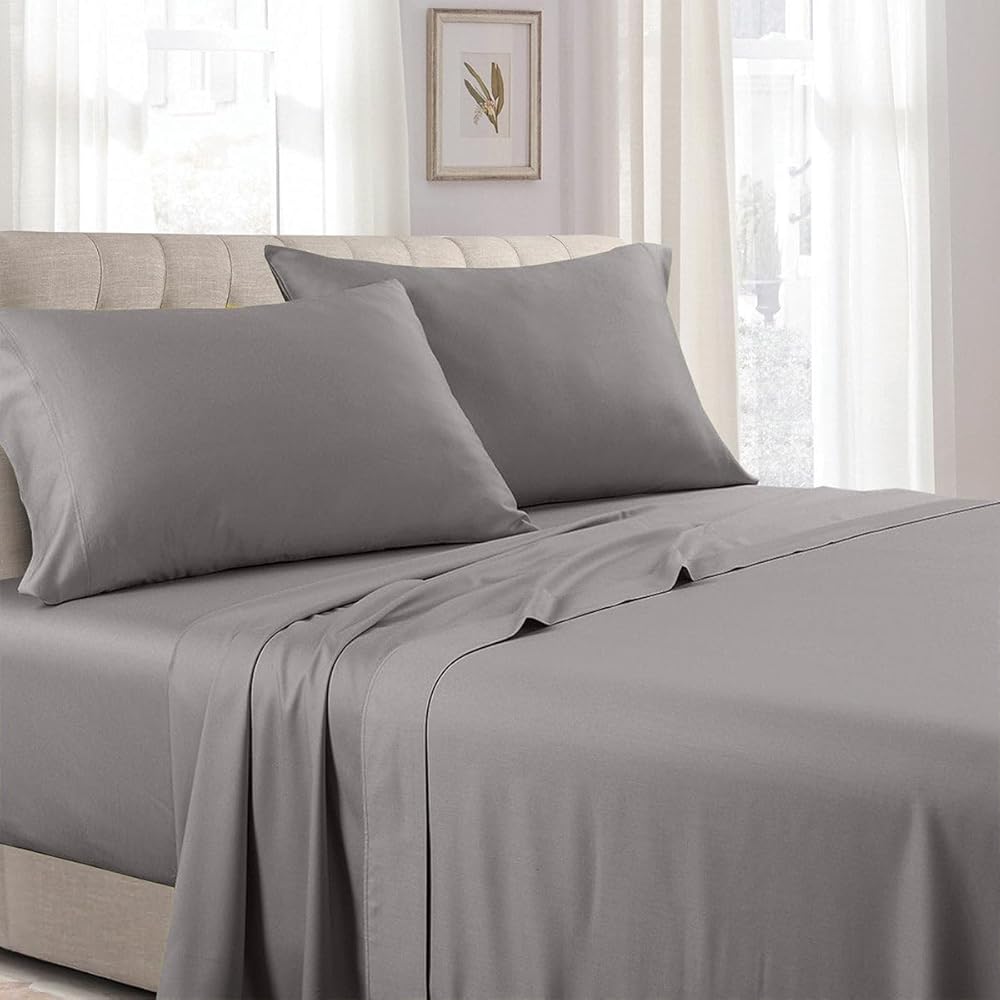 Royal Hotel Bedding Low Profile Sheets Made in USA - 250-Thread-Count 4pc Full Bed Sheet Set 100% Cotton, Sateen Solid, Low Profile Fitted Sheet, Full Gray Sheet Set