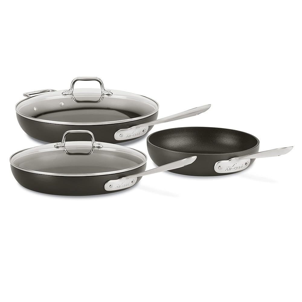 All-Clad HA1 Hard Anodized Nonstick Fry Pan Set – 3-Piece Cookware, 8", 10", 12" Skillets with Lid, Induction Compatible, Oven Safe to 500°F, Lid Safe to 350°F, Black
