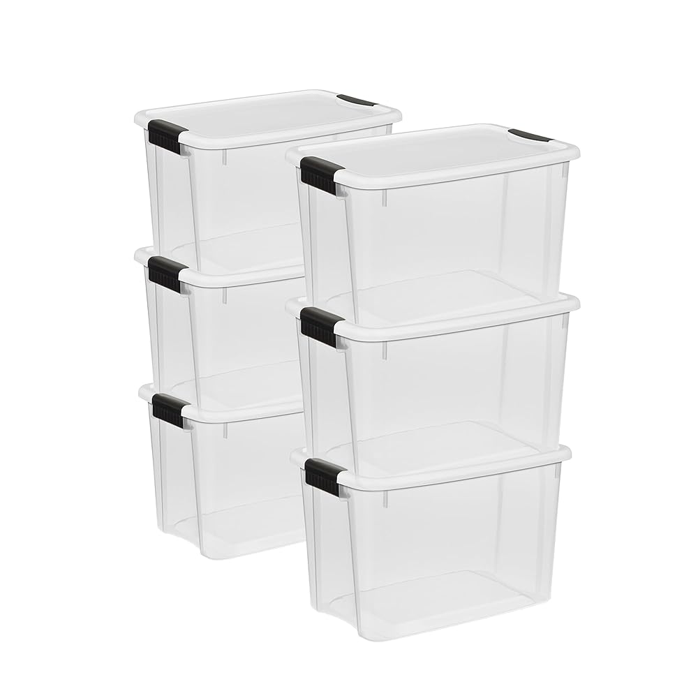Sterilite 6-Pack Ultra Latching Box, Storage Bins with Lids, Clear Plastic, 30 Quart - Heavy-Duty Organizing Containers for Closet, Bathroom, and Office