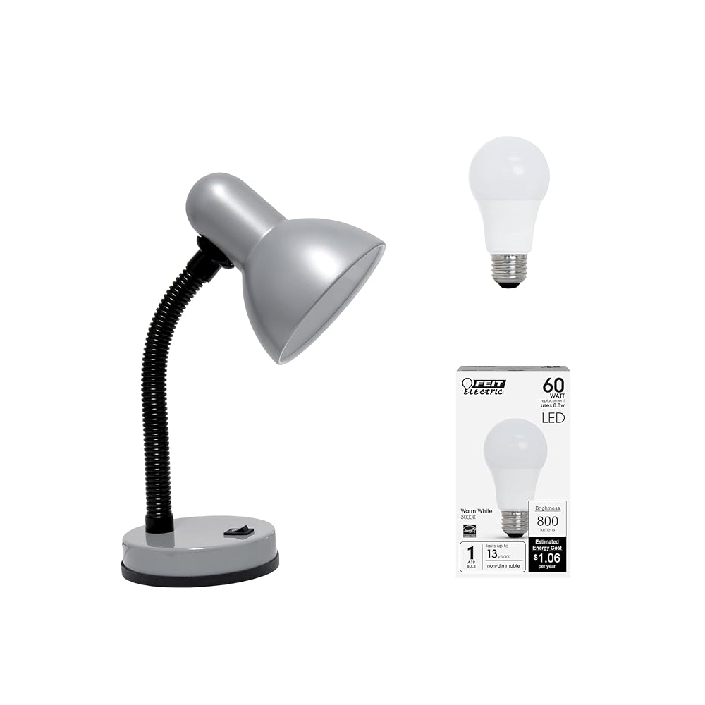 Simple Designs LD1003-SLV-LB 14.25" Basic Metal Desk Lamp with Flexible Hose Neck for Office, Living Room, Bedroom, College Dorm, Bookshelf, Silver, with Feit LED Bulb Included