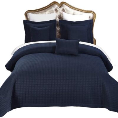 Royal Hotel Full Size Navy Coverlet 3pc Set, Luxury Microfiber Checkered Quilted