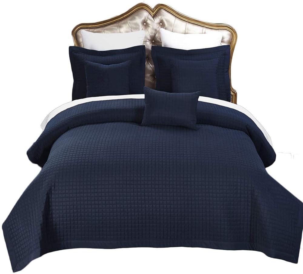 Royal Hotel Full Size Navy Coverlet 3pc Set, Luxury Microfiber Checkered Quilted