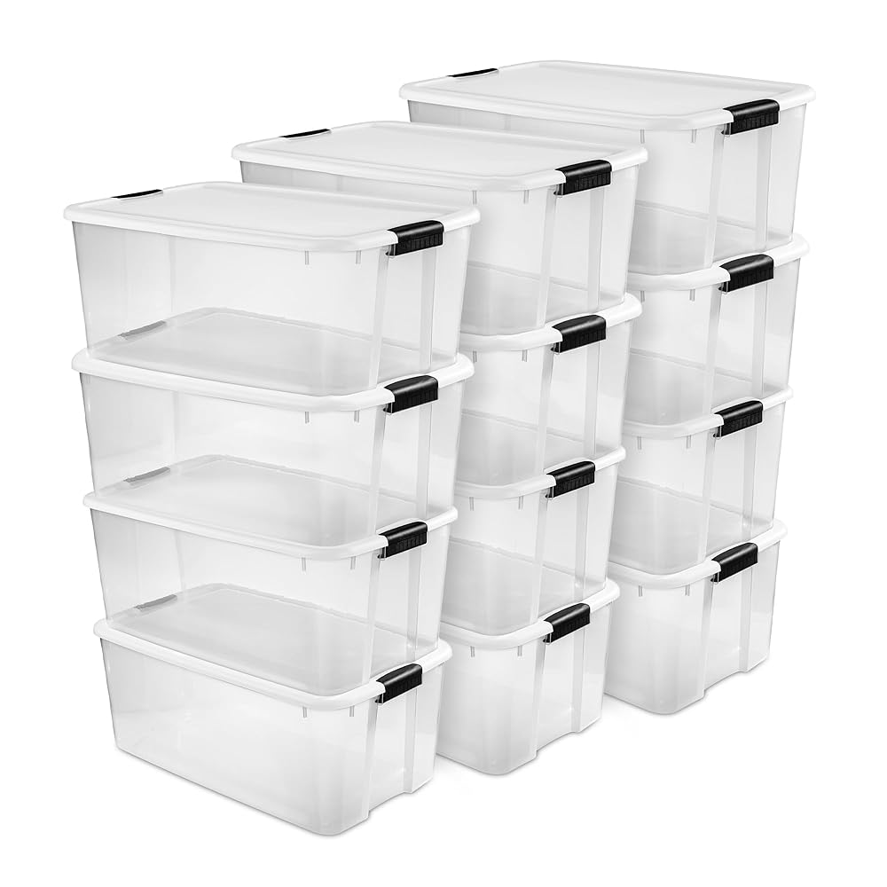 Sterilite 12-Pack Ultra Latching Box, Storage Bins with Lids, Clear Plastic, 116 Quart - Heavy-Duty Organizing Containers for Closet, Bathroom, and Office