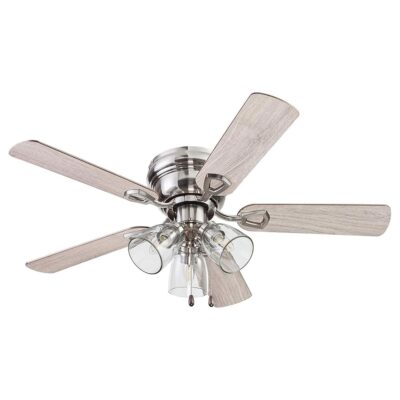 Portage Bay Ceiling Fans Renton 42" Brushed Nickel Indoor Fan with Clear 3 Light LED Multi Arm; E26/B11 Bulb and Pull-Chains, Traditional Style, 5 Reversible Barnwood/Dark Chestnut Blades, 51437