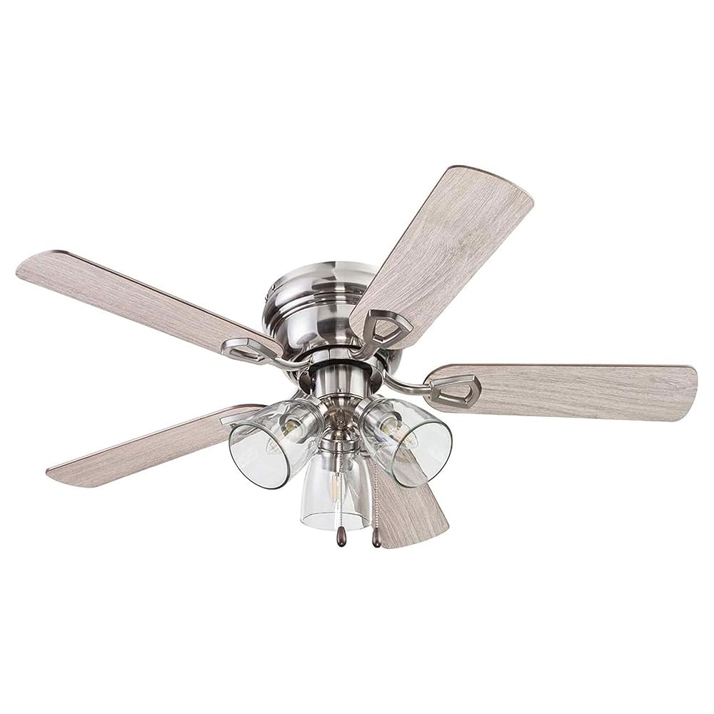 Portage Bay Ceiling Fans Renton 42" Brushed Nickel Indoor Fan with Clear 3 Light LED Multi Arm; E26/B11 Bulb and Pull-Chains, Traditional Style, 5 Reversible Barnwood/Dark Chestnut Blades, 51437
