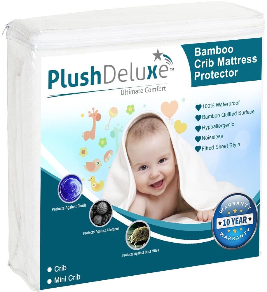 Crib Mattress Protector 100% Waterproof, Noiseless – Viscose Made from Quilted Ultra Soft White Terry Fitted Sheet Style (28"x52")