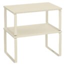 SONGMICS Cabinet Organizer Shelf, Set of 2 Kitchen Counter Shelves, Kitchen Storage, Spice Rack, Stackable, Expandable, Metal and Engineered Wood, Cream White UKCS002W02