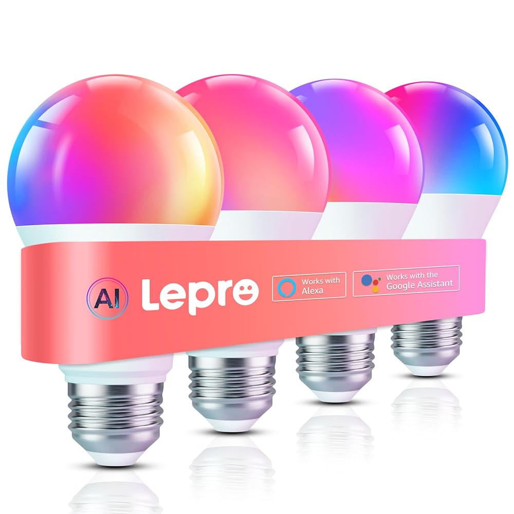 Lepro B1 AI Smart Light Bulbs - WiFi & Bluetooth RGBWW Color Changing LED Bulb Compatible with Alexa & Google Assistant, AI Generated Lighting LLM, AI Voice Control, Music Sync, 2.4GHz Only, 4 Pack