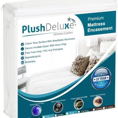PlushDeluxe King Size Premium Mattress Encasement - Zippered Waterproof, Bedbug Proof Design, 6-Sided Protection - Hypoallergenic Cotton Terry Fabric 9-12" Depth