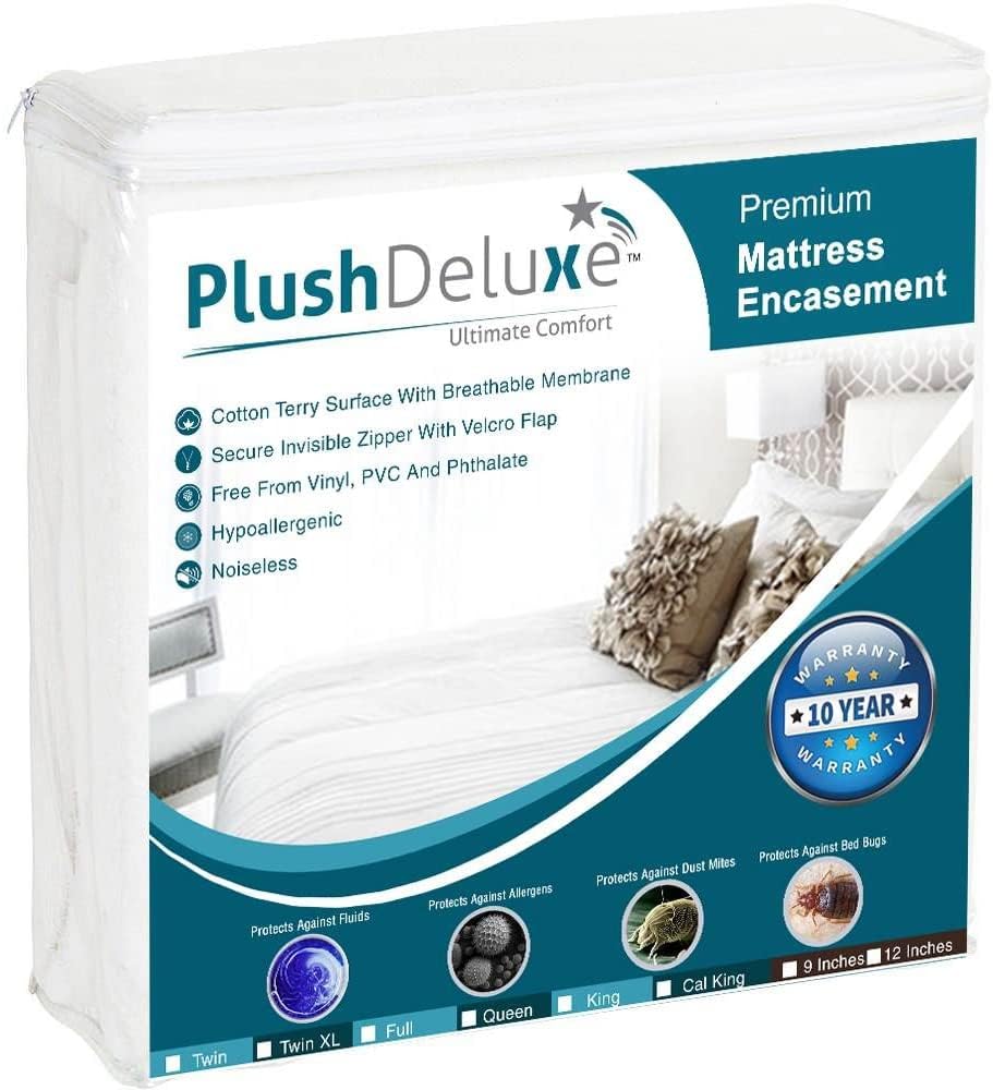 PlushDeluxe King Size Premium Mattress Encasement - Zippered Waterproof, Bedbug Proof Design, 6-Sided Protection - Hypoallergenic Cotton Terry Fabric 9-12" Depth