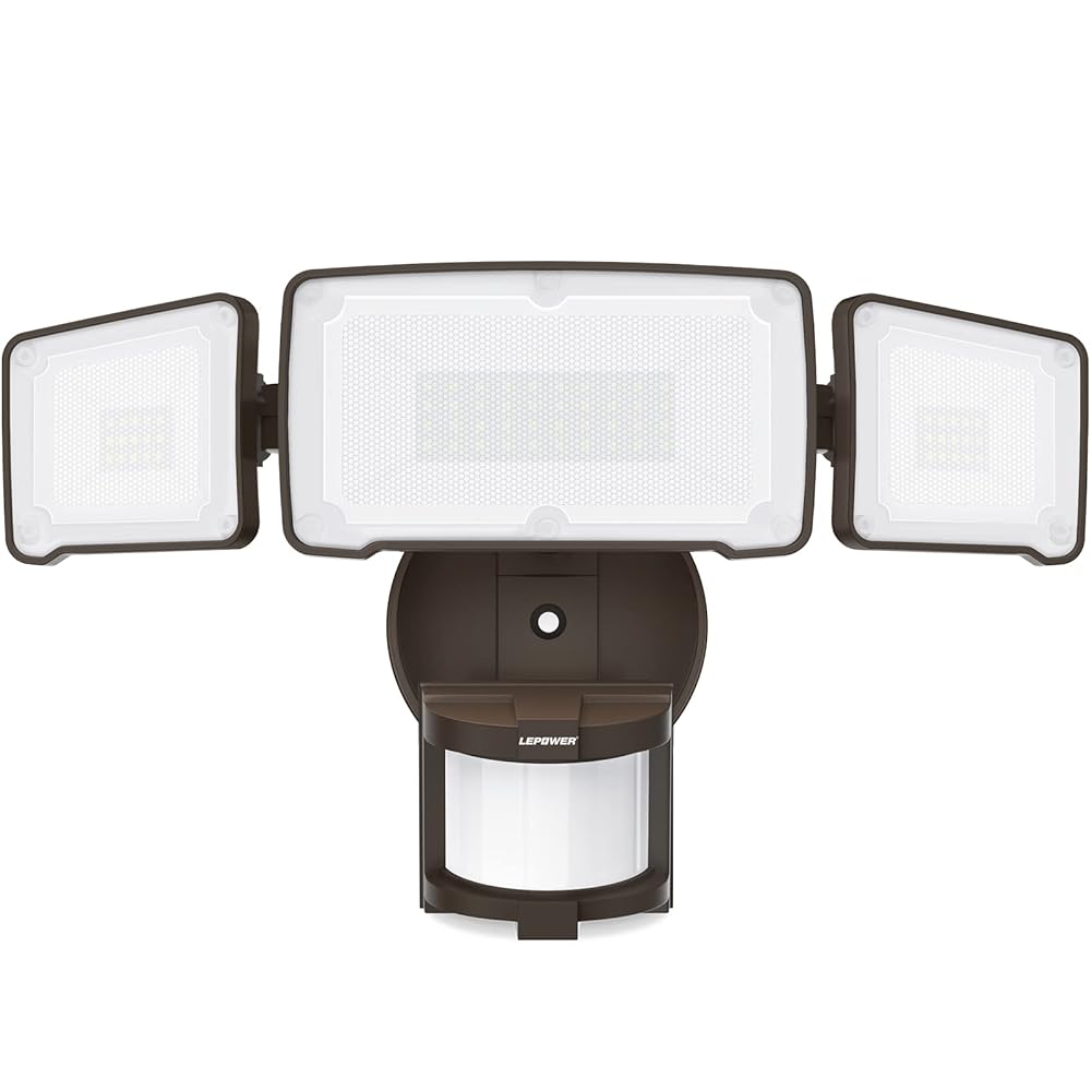 LEPOWER LED Security Light Motion Sensor Light Outdoor, 38W 4200LM Motion Security Light, 5500K, IP65 Waterproof, 3 Head Motion Detected Flood Light for Garage, Yard, Porch (Not Solar Powered, Brown)