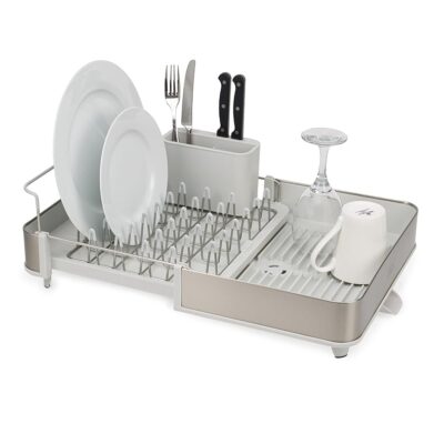 Joseph Joseph Extend Steel Expandable Dish Drying Rack with Removable Cutlery Holder Swivel Draining Spout, Stainless Steel
