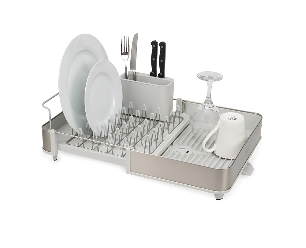 Joseph Joseph Extend Steel Expandable Dish Drying Rack with Removable Cutlery Holder Swivel Draining Spout, Stainless Steel