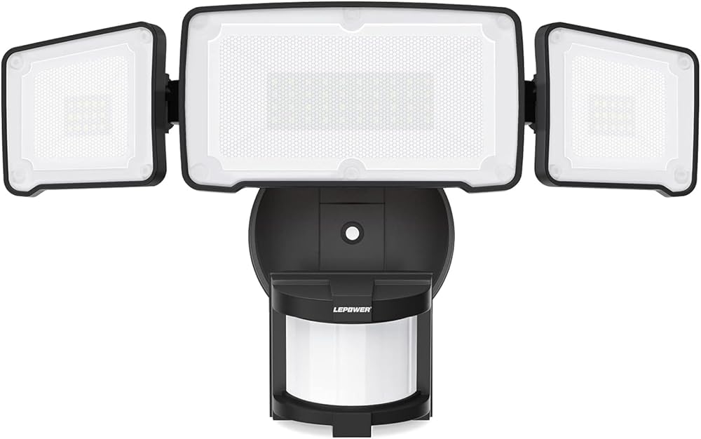LEPOWER LED Motion Sensor Security Lights, 3 Head Motion Detected, 38W, 4200LM, Waterproof IP65, 5500K, Full Metal for Outdoor, Garage, Porch, Yard (Not Solar Powered, Black)