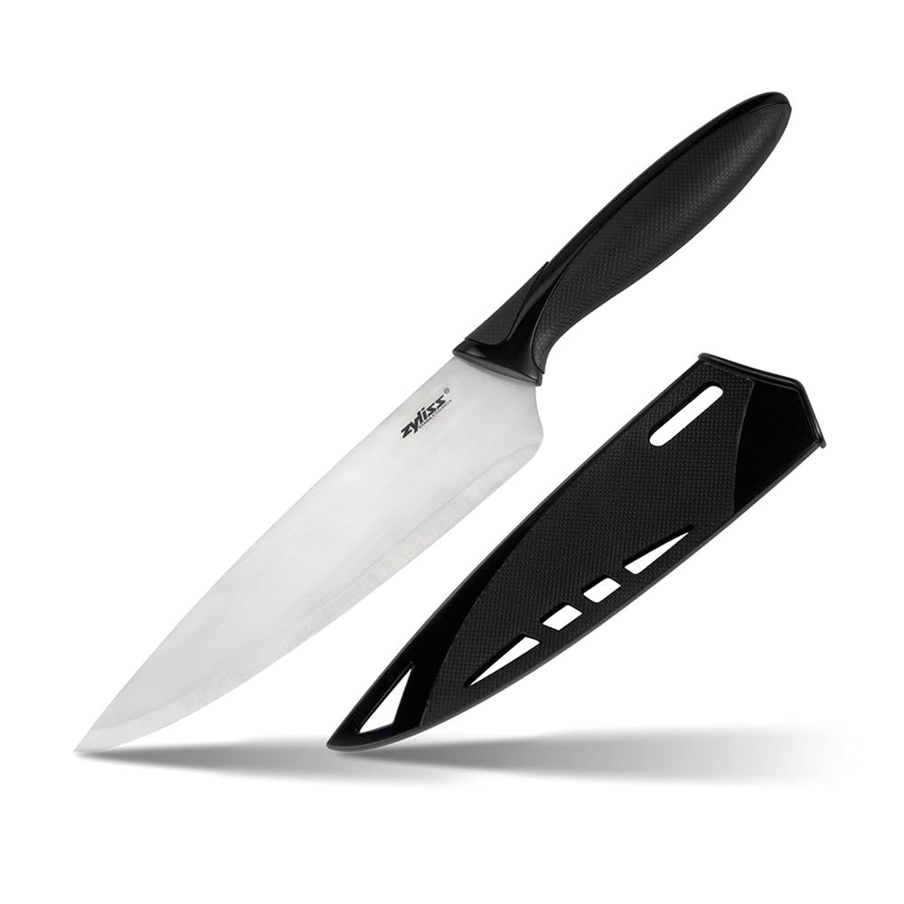 Zyliss Chef's Knife with Sheath Cover - Stainless Steel Knife - Fruit, Vegetable, Herbs & Meats Knife - Travel Knife with Safety Kitchen Blade Guards - Dishwasher & Hand Wash Safe - 7.25" - Black