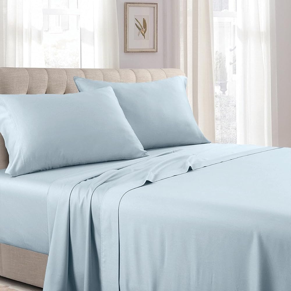 Royal Hotel Bedding Low Profile Sheets Made in USA - 250-Thread-Count 4pc Full Bed Sheet Set 100% Cotton, Sateen Solid, Low Profile Fitted Sheet, Full Blue Sheet Set