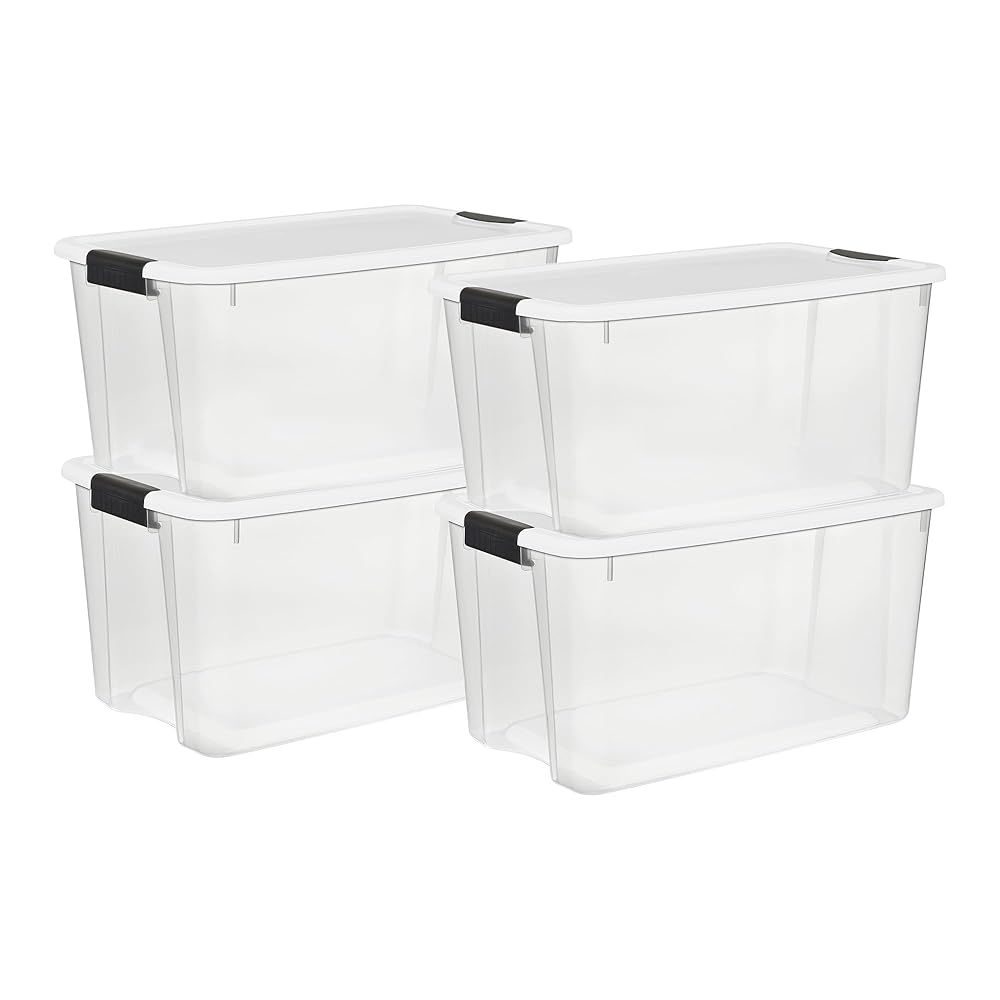Sterilite 4-Pack Ultra Latching Box, Storage Bins with Lids, Clear Plastic, 70 Quart - Heavy-Duty Organizing Containers for Closet, Bathroom, and Office