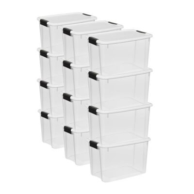 Sterilite 12-Pack Ultra Latching Box, Storage Bins with Lids, Clear Plastic, 30 Quart - Heavy-Duty Organizing Containers for Closet, Bathroom, and Office
