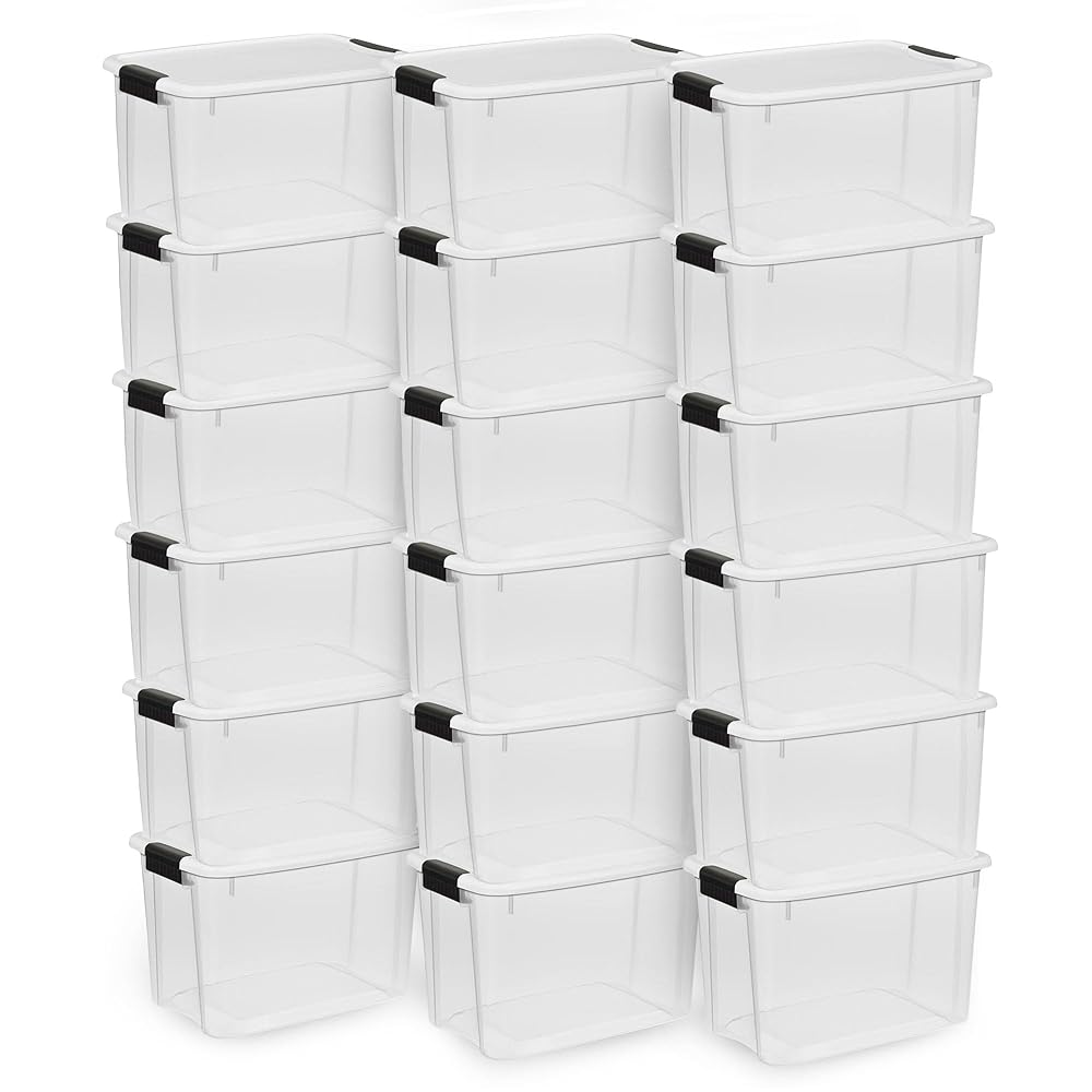 Sterilite 18-Pack Ultra Latching Box, Storage Bins with Lids, Clear Plastic, 30 Quart - Heavy-Duty Organizing Containers for Closet, Bathroom, and Office
