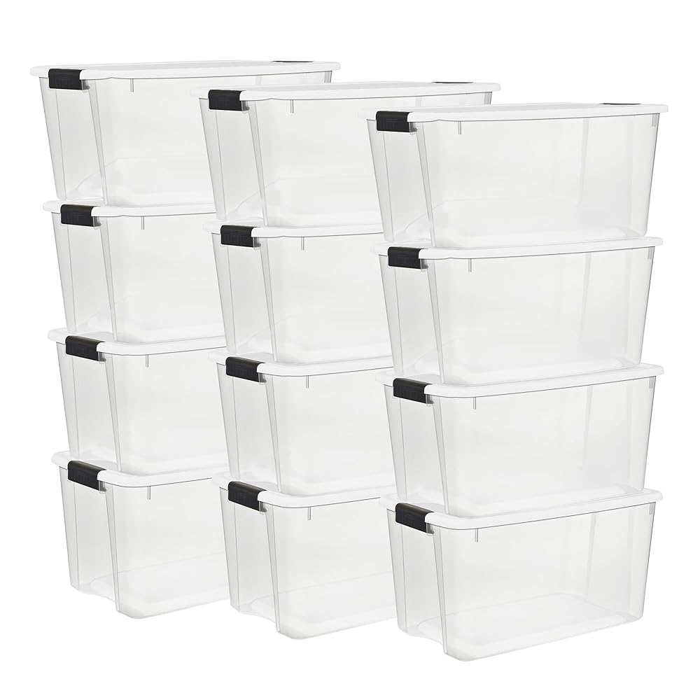 Sterilite 12-Pack Ultra Latching Box, Storage Bins with Lids, Clear Plastic, 70 Quart - Heavy-Duty Organizing Containers for Closet, Bathroom, and Office
