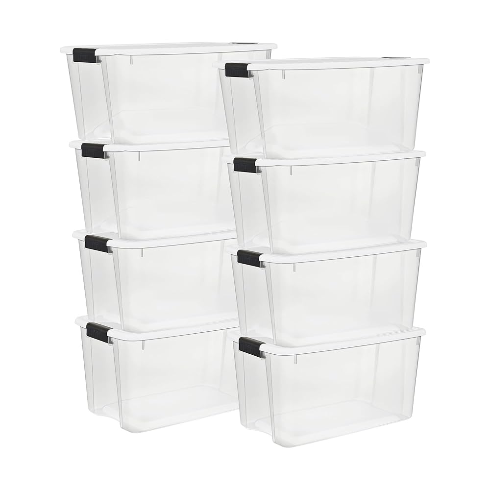 Sterilite 8-Pack Ultra Latching Box, Storage Bins with Lids, Clear Plastic, 70 Quart - Heavy-Duty Organizing Containers for Closet, Bathroom, and Office