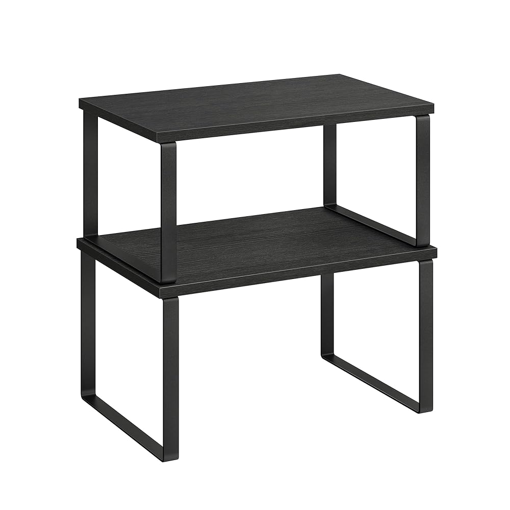 SONGMICS Cabinet Organizer Shelf, Set of 2 Kitchen Counter Shelves, Kitchen Storage, Spice Rack, Stackable, Expandable, Metal and Engineered Wood, Ink Black and Charcoal Black UKCS02B01