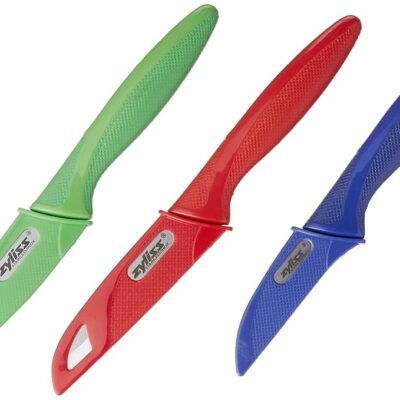 Zyliss 3 Piece Peeling & Paring Knife Set with Covers - Kitchen Knives for Fruits & More - Ideal for Kitchen Collections - Blue, Green, & Red
