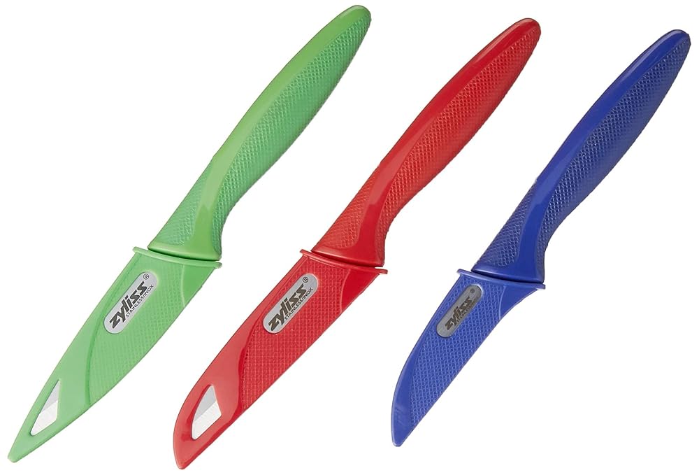 Zyliss 3 Piece Peeling & Paring Knife Set with Covers - Kitchen Knives for Fruits & More - Ideal for Kitchen Collections - Blue, Green, & Red