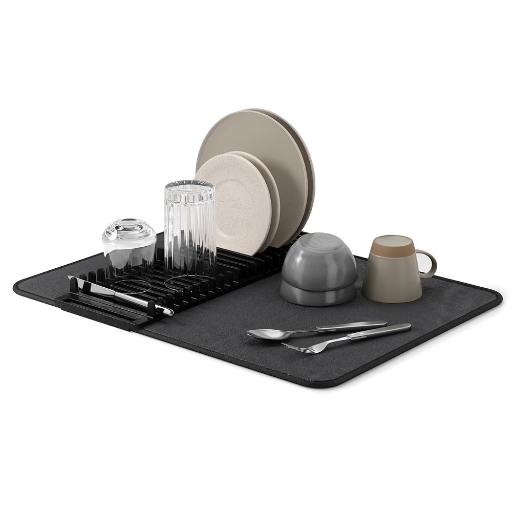 Umbra Udry Dish Rack and Microfiber Drying Mat – Space-Saving Design Folds Up for Easy Storage, Basic Rack, Black